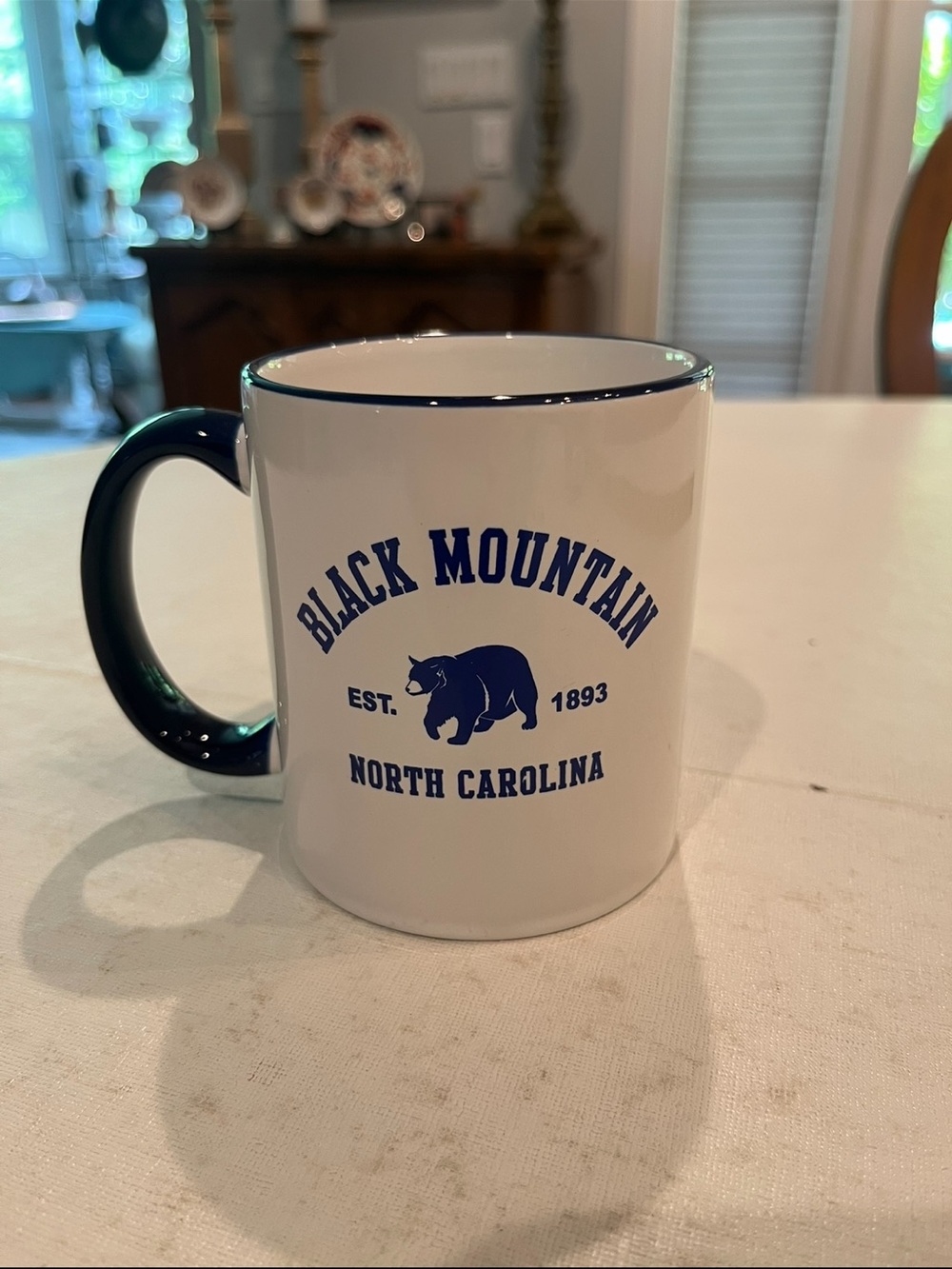 White with Blue North Carolina, Black Mountain Ceramic Coffee Mug. GUC!